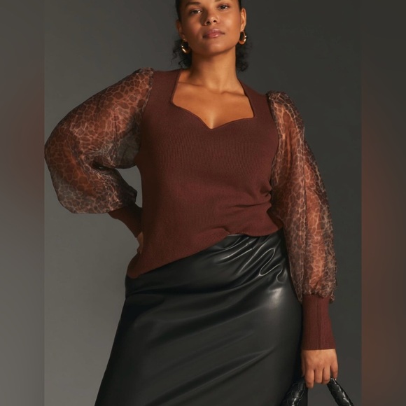 Anthropologie  Dolan Sheer Animal Print Puff-Sleeve Brown Sweater Size 3X - Picture 3 of 11